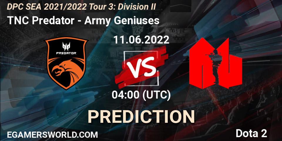 Pronósticos TNC Predator - Army Geniuses. 11.06.2022 at 04:03. DPC SEA 2021/2022 Tour 3: Division II - Dota 2