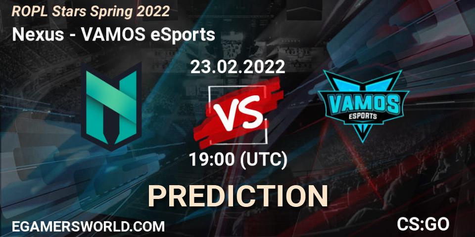 Pronósticos Nexus - VAMOS eSports. 23.02.2022 at 19:00. ROPL Stars Spring 2022 - Counter-Strike (CS2)