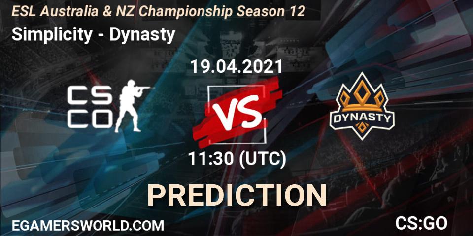 Pronósticos Simplicity - Dynasty. 19.04.2021 at 10:35. ESL Australia & NZ Championship Season 12 - Counter-Strike (CS2)