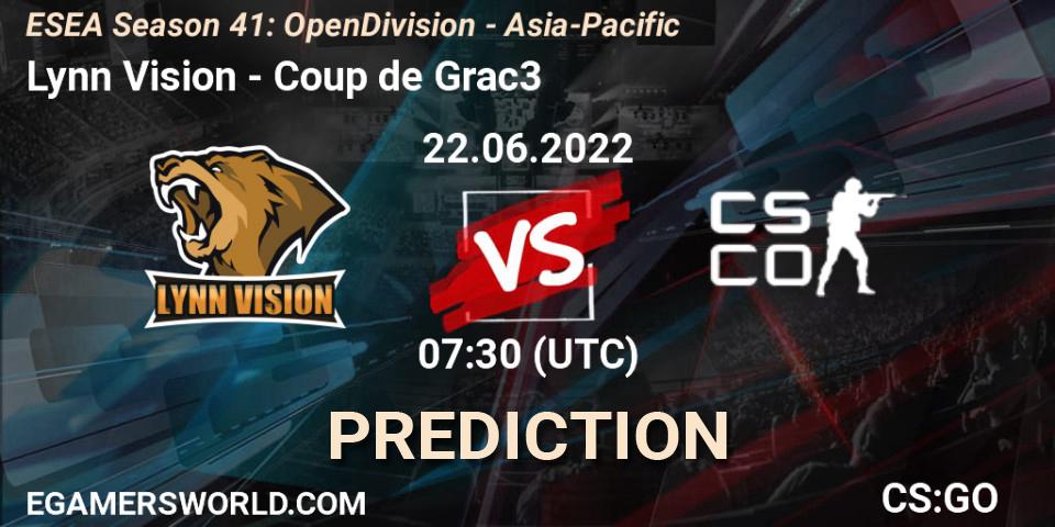 Pronósticos Lynn Vision - Coup de Grac3. 22.06.2022 at 07:30. ESEA Season 41: Open Division - Asia-Pacific - Counter-Strike (CS2)