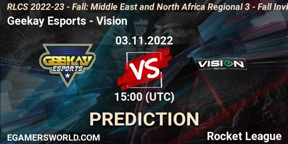 Pronósticos Geekay Esports - Vision. 03.11.2022 at 15:00. RLCS 2022-23 - Fall: Middle East and North Africa Regional 3 - Fall Invitational - Rocket League