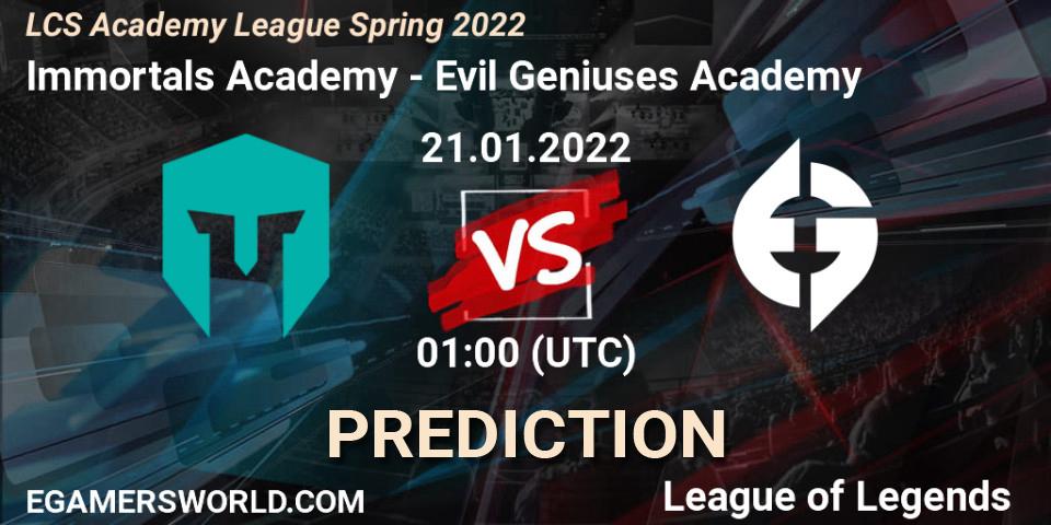 Pronósticos Immortals Academy - Evil Geniuses Academy. 21.01.2022 at 01:00. LCS Academy League Spring 2022 - LoL