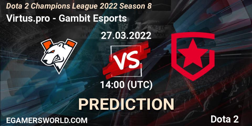 Pronósticos Virtus.pro - Gambit Esports. 27.03.2022 at 14:23. Dota 2 Champions League 2022 Season 8 - Dota 2