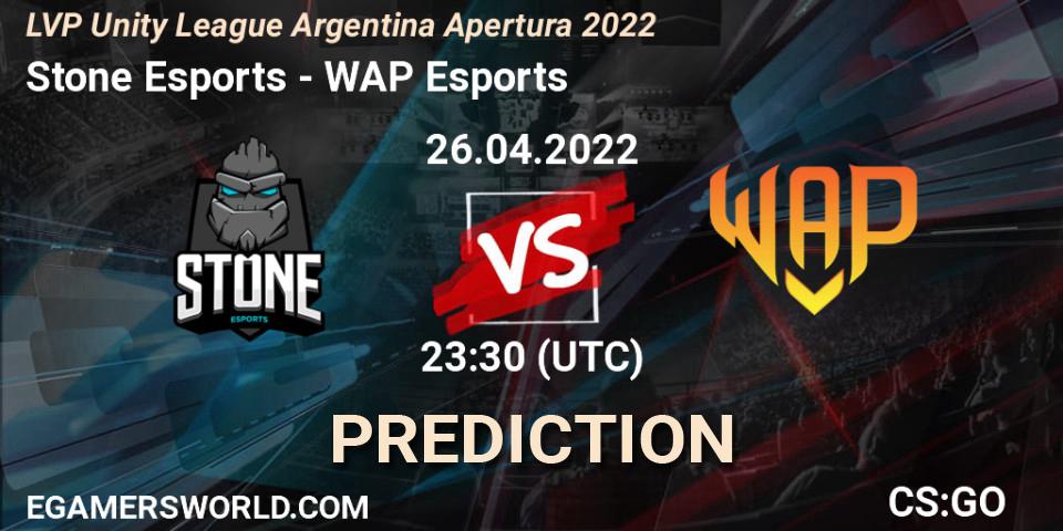 Pronósticos Stone Esports - WAP Esports. 26.04.2022 at 23:30. LVP Unity League Argentina Apertura 2022 - Counter-Strike (CS2)
