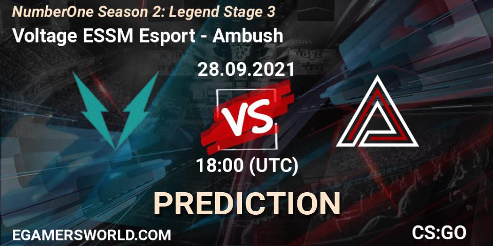 Pronósticos Voltage ESSM Esport - Ambush. 28.09.2021 at 18:00. NumberOne Season 2: Legend Stage 3 - Counter-Strike (CS2)