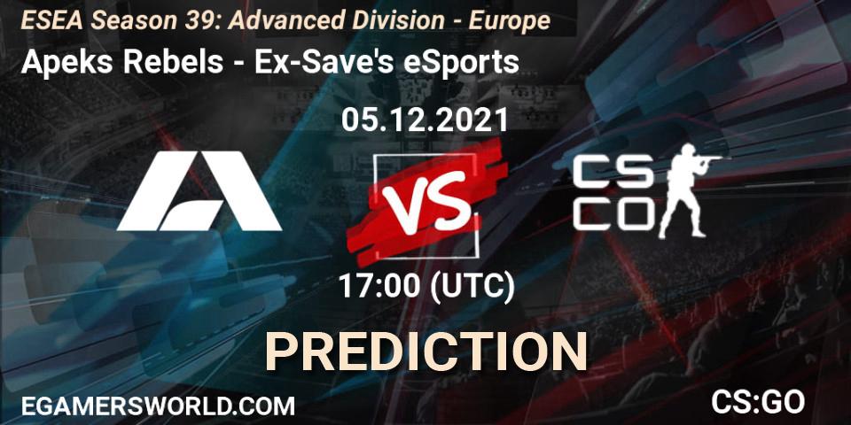 Pronósticos Apeks Rebels - Ex-Save's eSports. 05.12.2021 at 17:00. ESEA Season 39: Advanced Division - Europe - Counter-Strike (CS2)