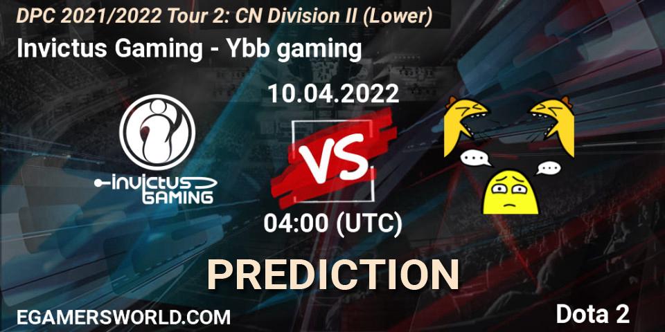 Pronósticos Invictus Gaming - Ybb gaming. 19.04.2022 at 04:00. DPC 2021/2022 Tour 2: CN Division II (Lower) - Dota 2