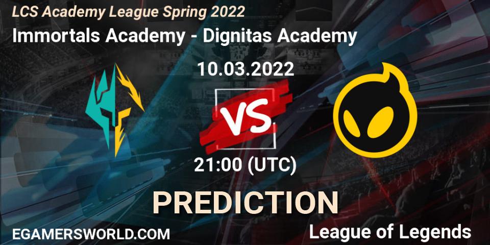 Pronósticos Immortals Academy - Dignitas Academy. 10.03.2022 at 21:00. LCS Academy League Spring 2022 - LoL