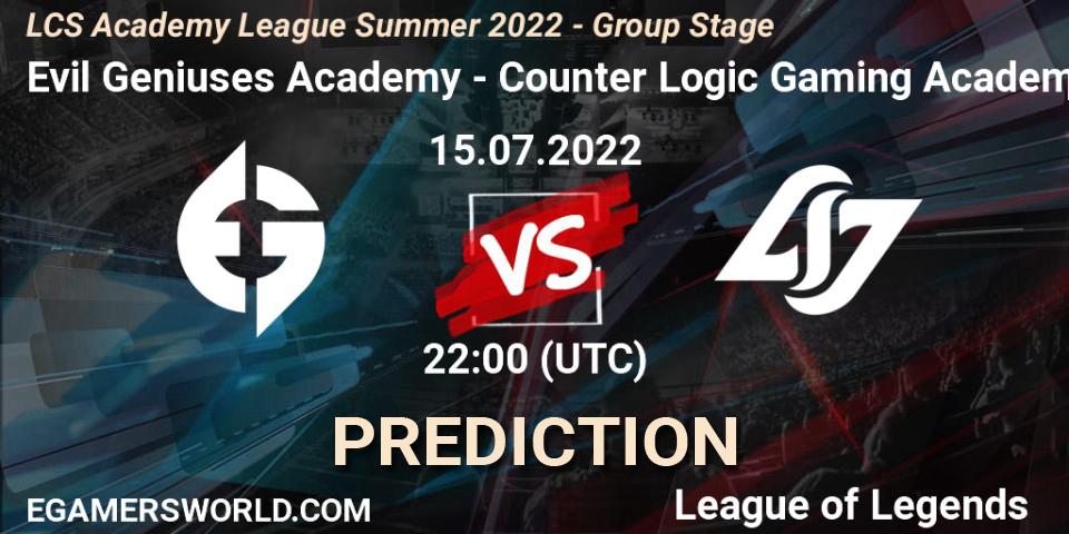 Pronósticos Evil Geniuses Academy - Counter Logic Gaming Academy. 15.07.2022 at 22:00. LCS Academy League Summer 2022 - Group Stage - LoL