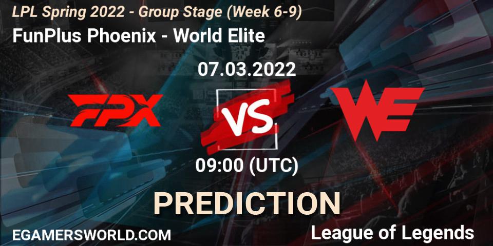 Pronósticos FunPlus Phoenix - World Elite. 07.03.2022 at 09:00. LPL Spring 2022 - Group Stage (Week 6-9) - LoL
