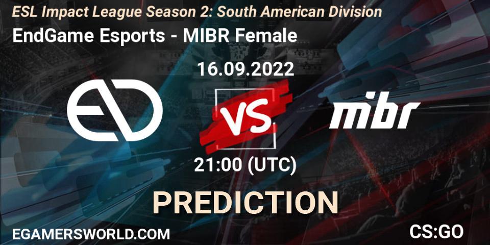 Pronósticos EndGame Esports - MIBR Female. 16.09.2022 at 21:00. ESL Impact League Season 2: South American Division - Counter-Strike (CS2)