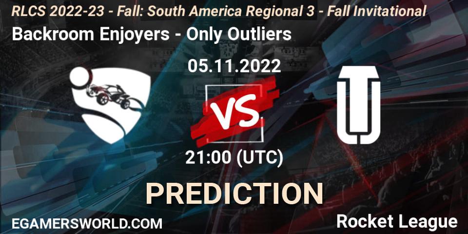 Pronósticos Backroom Enjoyers - Only Outliers. 05.11.2022 at 21:00. RLCS 2022-23 - Fall: South America Regional 3 - Fall Invitational - Rocket League