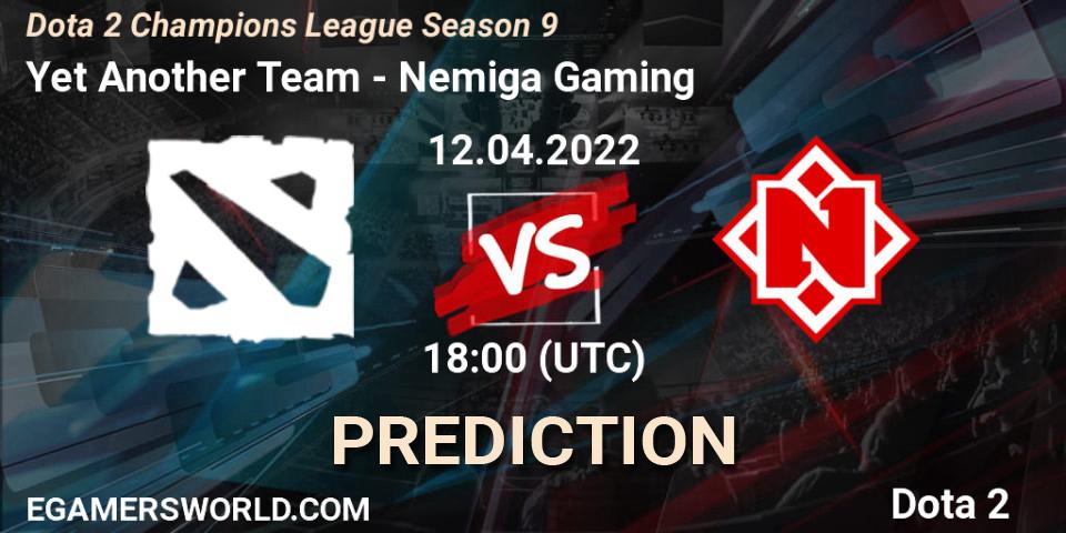 Pronósticos Yet Another Team - Nemiga Gaming. 12.04.2022 at 18:25. Dota 2 Champions League Season 9 - Dota 2