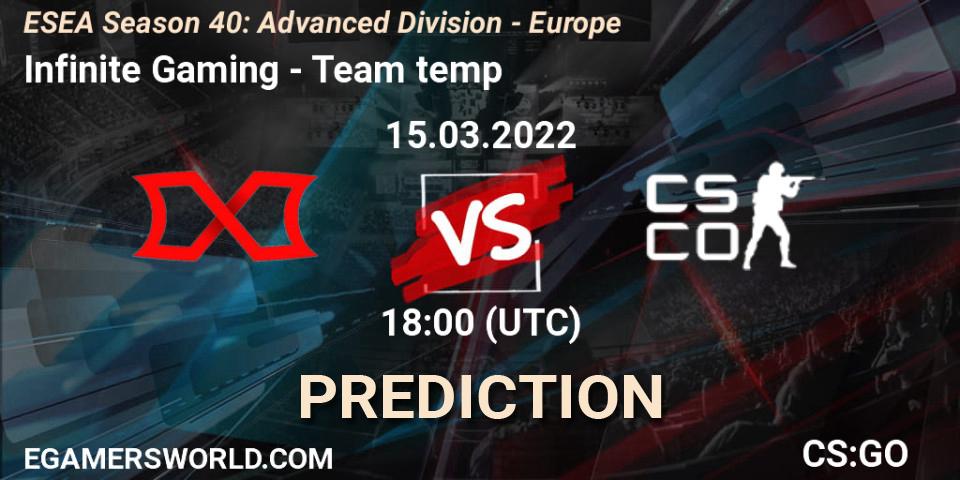 Pronósticos Infinite Gaming - Team temp. 15.03.2022 at 18:00. ESEA Season 40: Advanced Division - Europe - Counter-Strike (CS2)