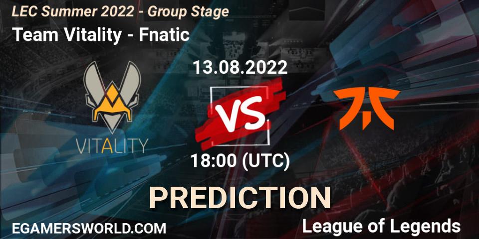 Pronósticos Team Vitality - Fnatic. 13.08.2022 at 18:15. LEC Summer 2022 - Group Stage - LoL