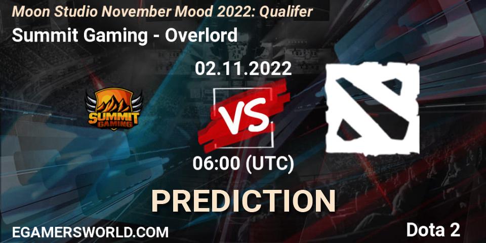 Pronósticos Summit Gaming - Overlord. 02.11.2022 at 06:04. Moon Studio November Mood 2022: Qualifer - Dota 2
