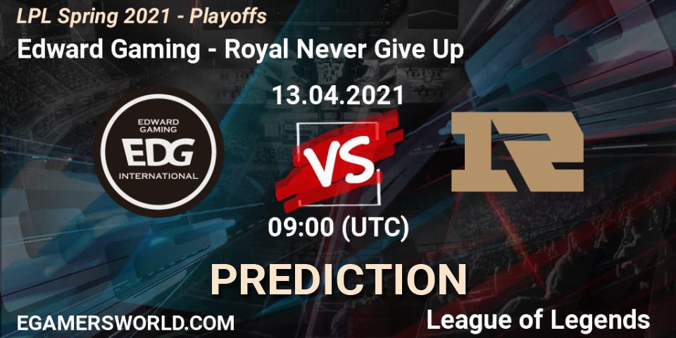 Pronósticos Edward Gaming - Royal Never Give Up. 13.04.2021 at 09:00. LPL Spring 2021 - Playoffs - LoL