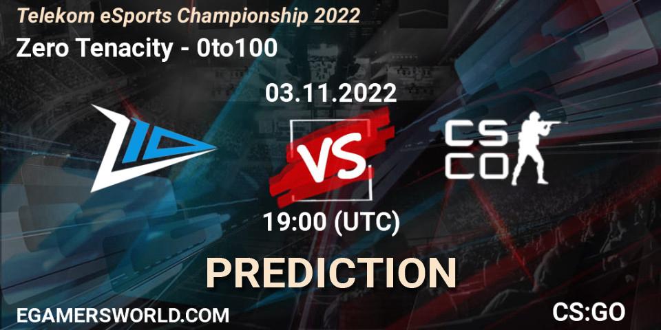 Pronósticos Zero Tenacity - 0to100. 03.11.2022 at 19:00. Telekom eSports Championship 2022 - Counter-Strike (CS2)