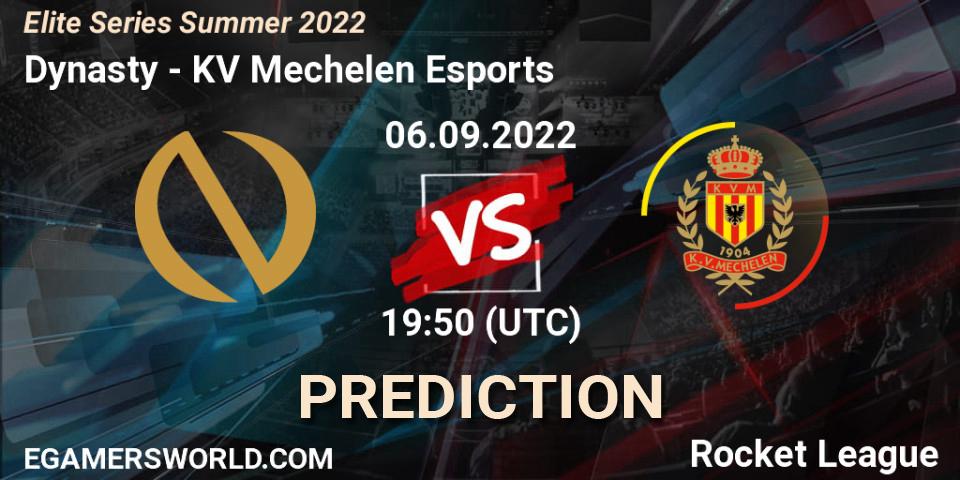 Pronósticos Dynasty - KV Mechelen Esports. 06.09.2022 at 19:50. Elite Series Summer 2022 - Rocket League