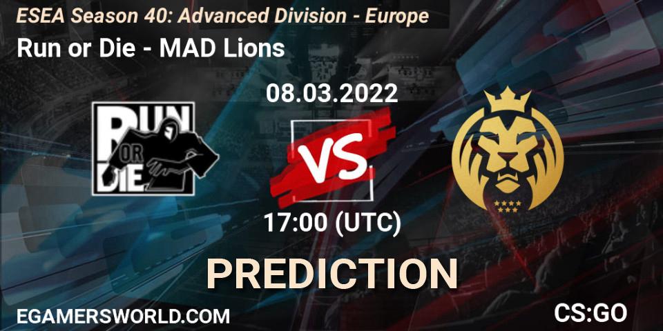 Pronósticos Run or Die - MAD Lions. 10.03.2022 at 17:00. ESEA Season 40: Advanced Division - Europe - Counter-Strike (CS2)