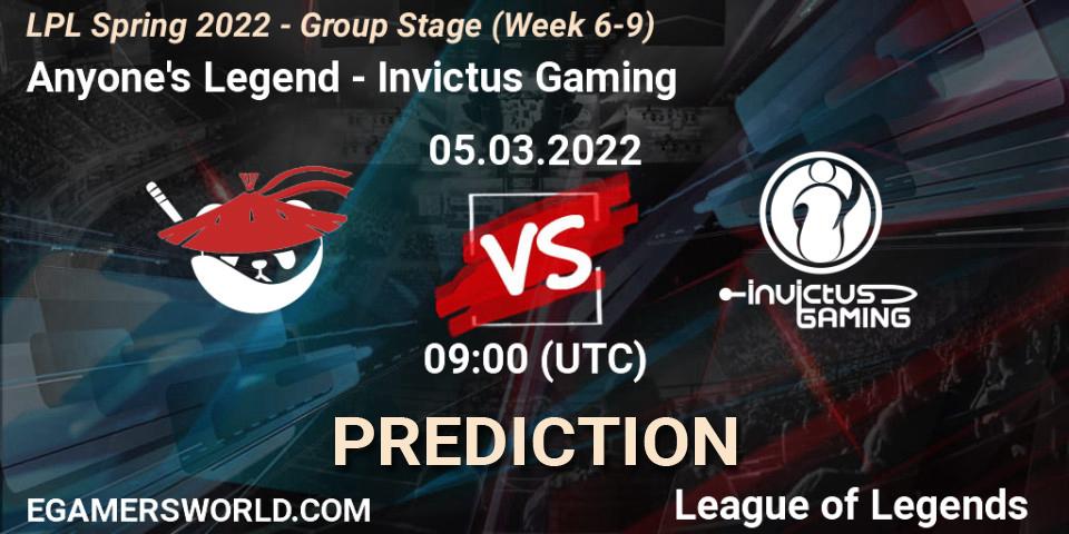Pronósticos Anyone's Legend - Invictus Gaming. 05.03.2022 at 10:00. LPL Spring 2022 - Group Stage (Week 6-9) - LoL