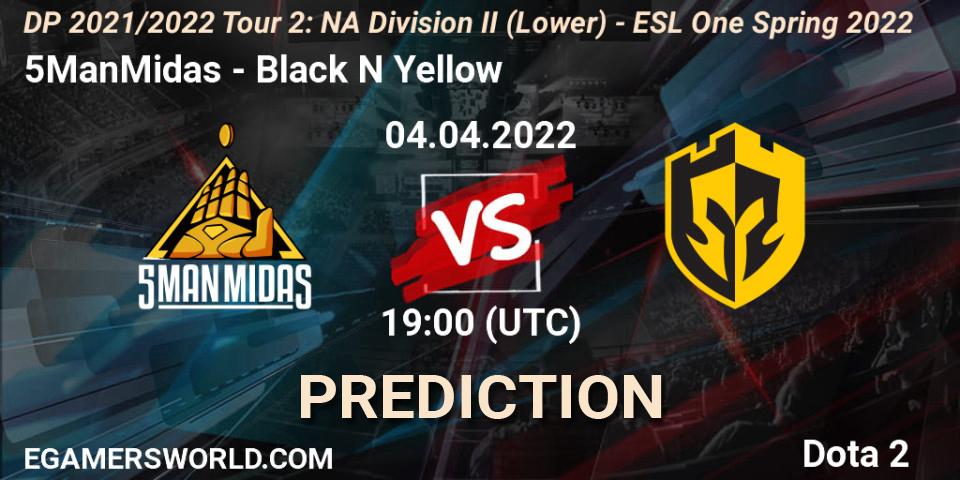 Pronósticos 5ManMidas - Black N Yellow. 04.04.2022 at 18:56. DP 2021/2022 Tour 2: NA Division II (Lower) - ESL One Spring 2022 - Dota 2