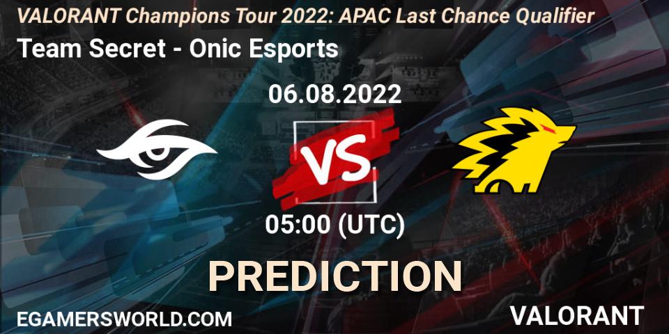 Pronósticos Team Secret - Onic Esports. 06.08.2022 at 05:00. VCT 2022: APAC Last Chance Qualifier - VALORANT