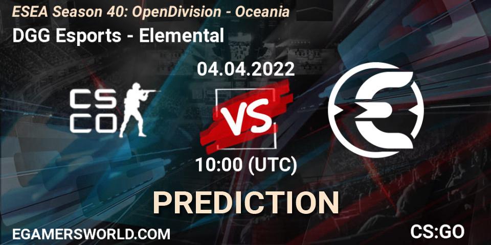 Pronósticos DGG Esports - Elemental. 04.04.2022 at 10:00. ESEA Season 40: Open Division - Oceania - Counter-Strike (CS2)