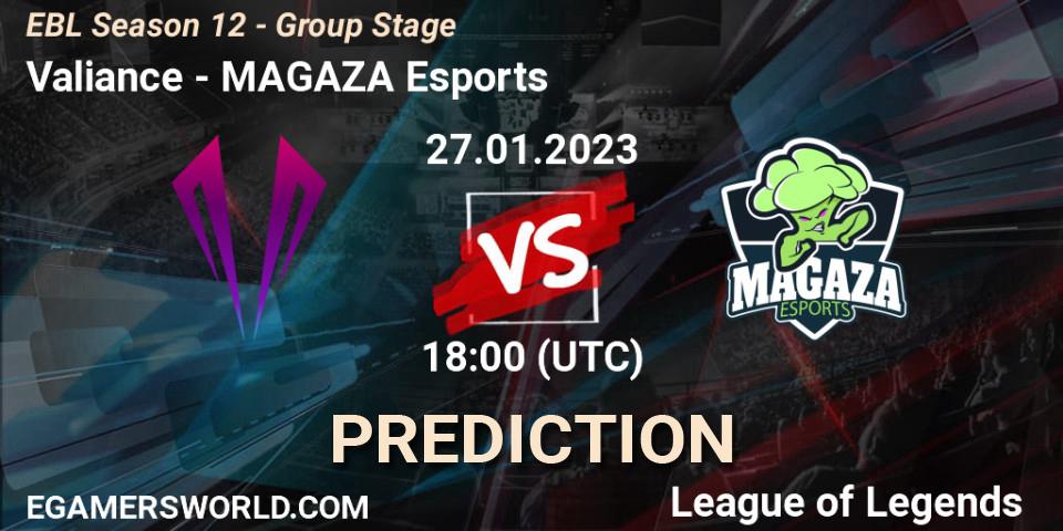 Pronósticos Valiance - MAGAZA Esports. 27.01.2023 at 18:00. EBL Season 12 - Group Stage - LoL