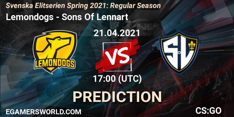 Pronósticos Lemondogs - Sons Of Lennart. 21.04.2021 at 17:00. Svenska Elitserien Spring 2021: Regular Season - Counter-Strike (CS2)