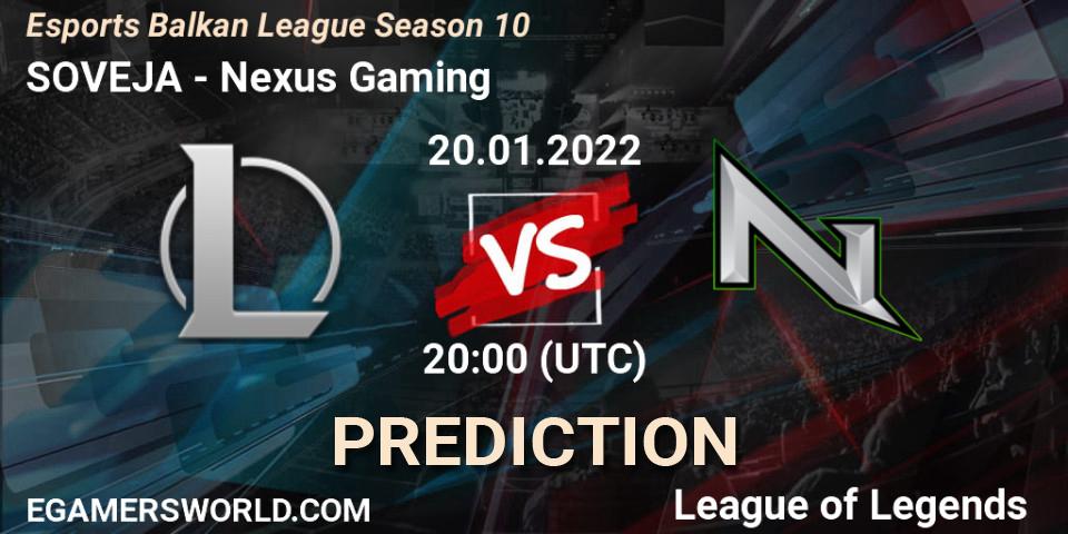 Pronósticos SOVEJA - Nexus Gaming. 20.01.2022 at 20:00. Esports Balkan League Season 10 - LoL
