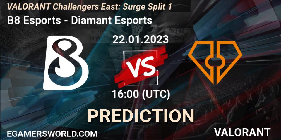 Pronósticos B8 Esports - Diamant Esports. 22.01.2023 at 16:00. VALORANT Challengers 2023 East: Surge Split 1 - VALORANT