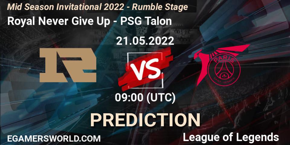 Pronósticos Royal Never Give Up - PSG Talon. 21.05.2022 at 09:00. Mid Season Invitational 2022 - Rumble Stage - LoL