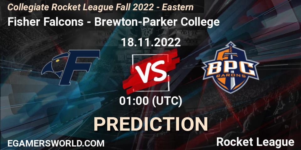 Pronósticos Fisher Falcons - Brewton-Parker College. 18.11.2022 at 01:00. Collegiate Rocket League Fall 2022 - Eastern - Rocket League