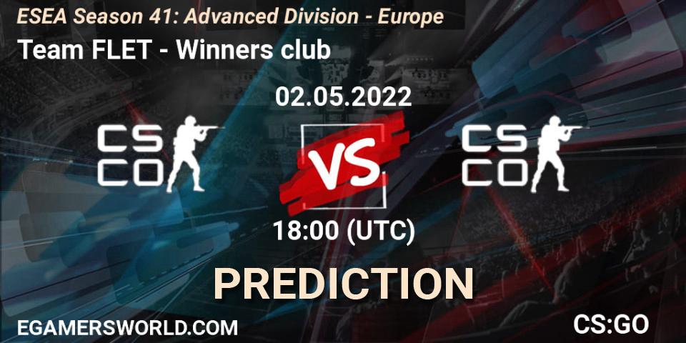 Pronósticos Team FLET - Winners club. 02.05.2022 at 18:00. ESEA Season 41: Advanced Division - Europe - Counter-Strike (CS2)