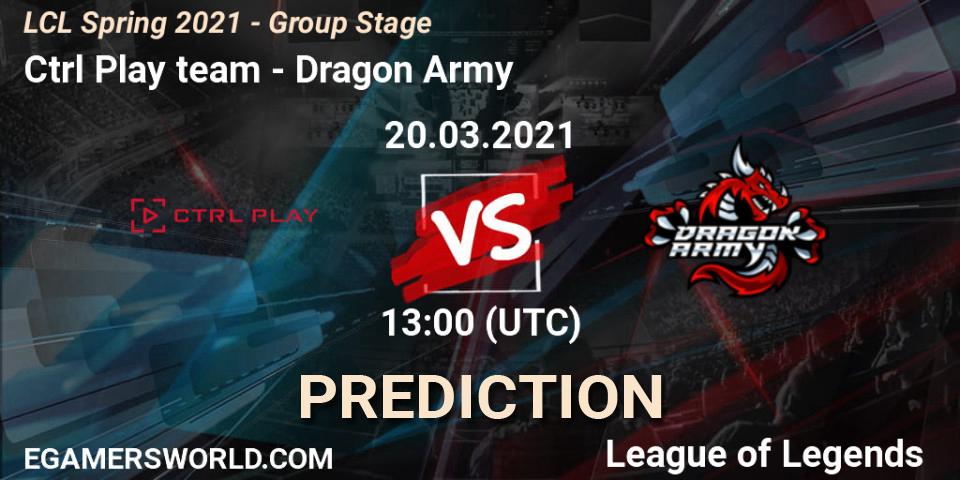 Pronósticos Ctrl Play team - Dragon Army. 20.03.2021 at 13:00. LCL Spring 2021 - Group Stage - LoL