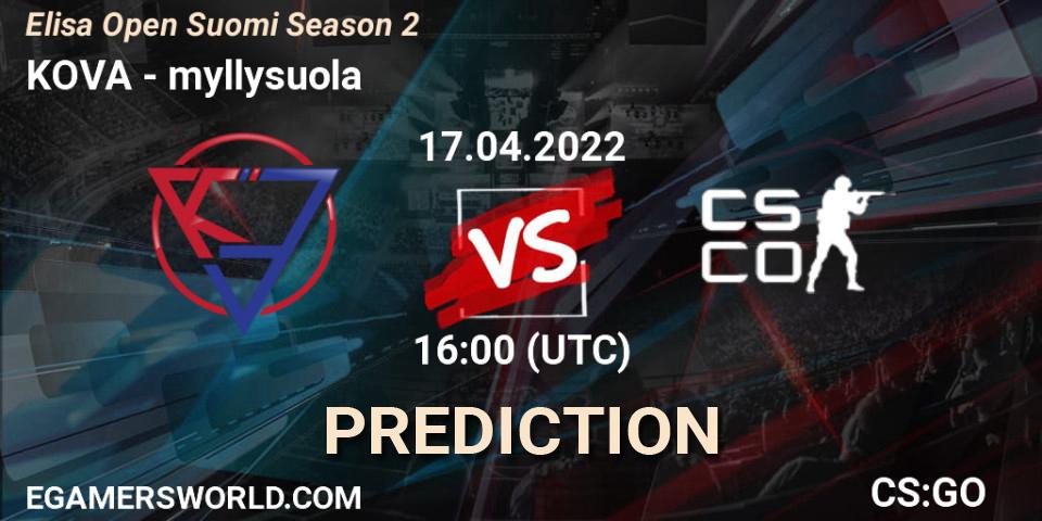 Pronósticos KOVA - myllysuola. 17.04.2022 at 16:00. Elisa Open Suomi Season 2 - Counter-Strike (CS2)