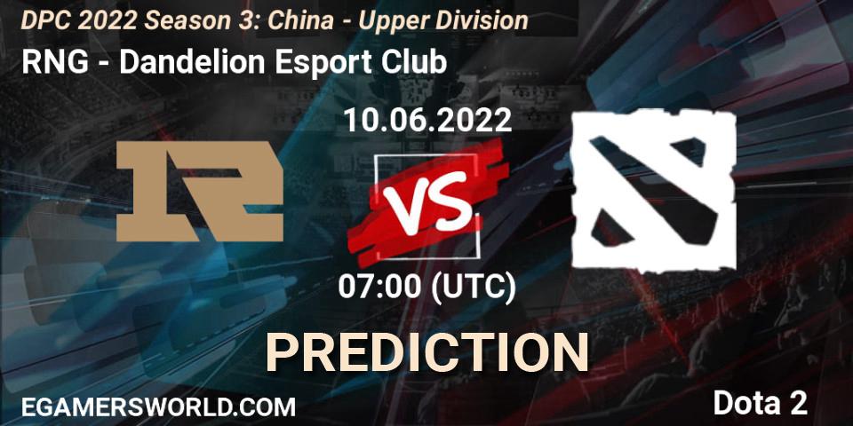Pronósticos RNG - Dandelion Esport Club. 10.06.2022 at 08:05. DPC 2021/2022 China Tour 3: Division I - Dota 2
