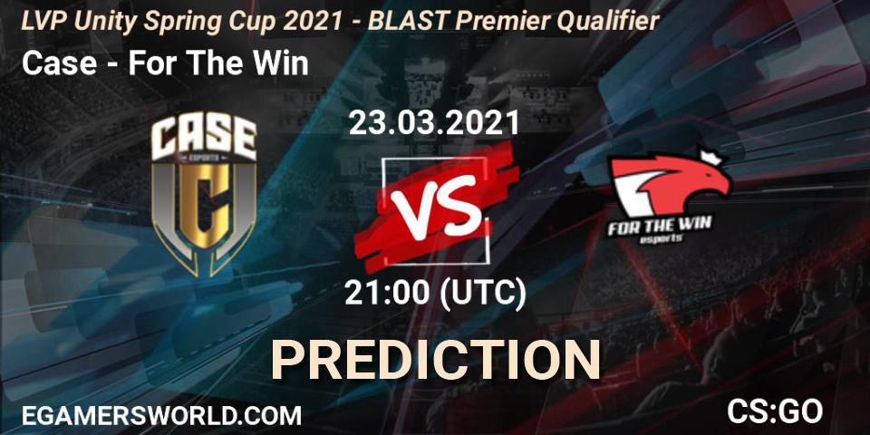 Pronósticos Case - For The Win. 23.03.2021 at 21:00. LVP Unity Cup Spring 2021 - BLAST Premier Qualifier - Counter-Strike (CS2)