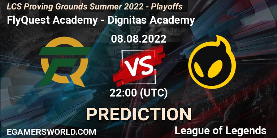 Pronósticos FlyQuest Academy - Dignitas Academy. 08.08.2022 at 22:00. LCS Proving Grounds Summer 2022 - Playoffs - LoL