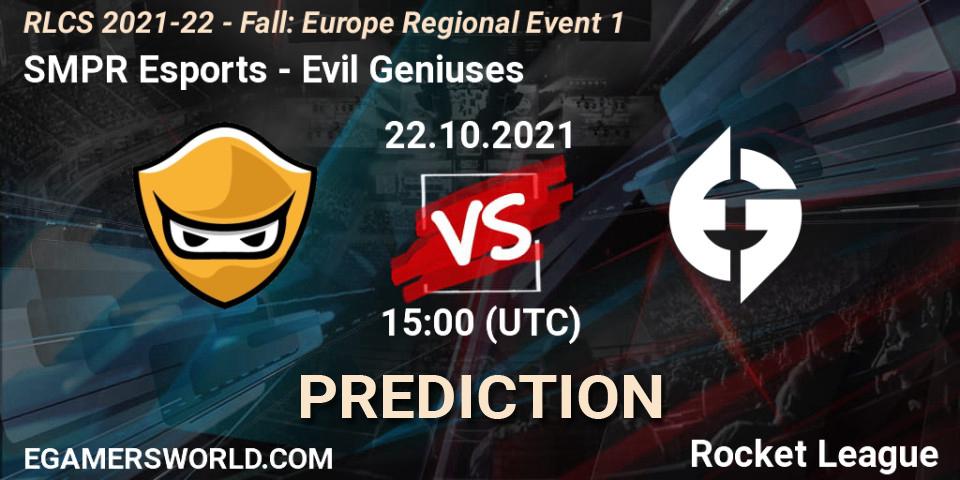 Pronósticos SMPR Esports - Evil Geniuses. 22.10.2021 at 15:00. RLCS 2021-22 - Fall: Europe Regional Event 1 - Rocket League