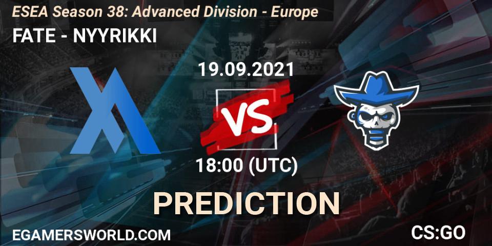 Pronósticos FATE - NYYRIKKI. 19.09.2021 at 18:00. ESEA Season 38: Advanced Division - Europe - Counter-Strike (CS2)