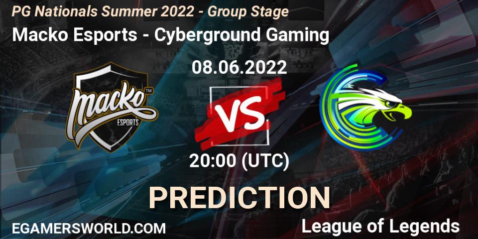 Pronósticos Macko Esports - Cyberground Gaming. 08.06.2022 at 20:00. PG Nationals Summer 2022 - Group Stage - LoL