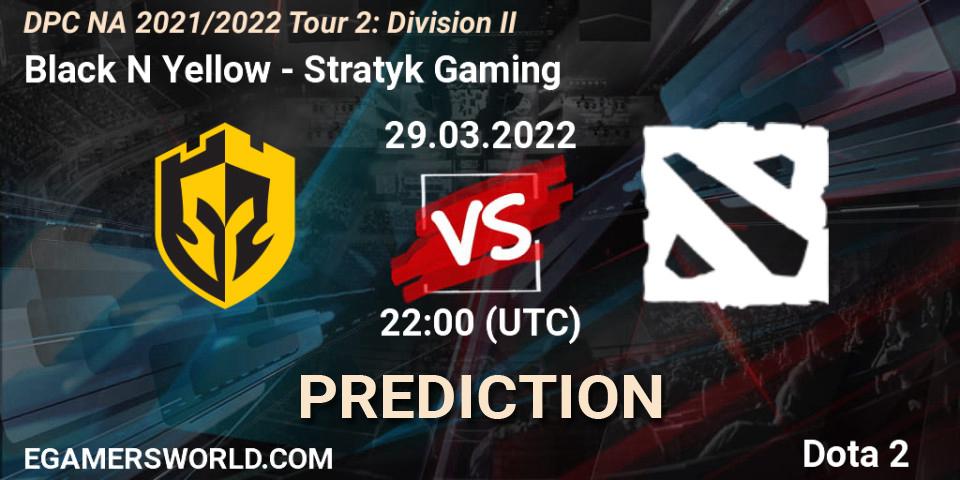 Pronósticos Black N Yellow - Stratyk Gaming. 29.03.2022 at 21:56. DP 2021/2022 Tour 2: NA Division II (Lower) - ESL One Spring 2022 - Dota 2