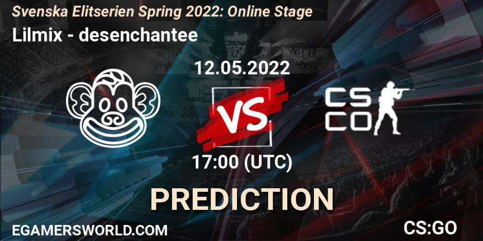 Pronósticos Lilmix - desenchantee. 12.05.2022 at 17:00. Svenska Elitserien Spring 2022: Online Stage - Counter-Strike (CS2)