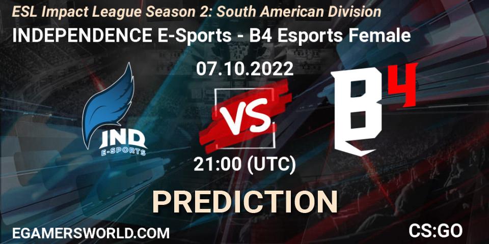 Pronósticos INDEPENDENCE E-Sports - B4 Esports Female. 07.10.2022 at 21:00. ESL Impact League Season 2: South American Division - Counter-Strike (CS2)
