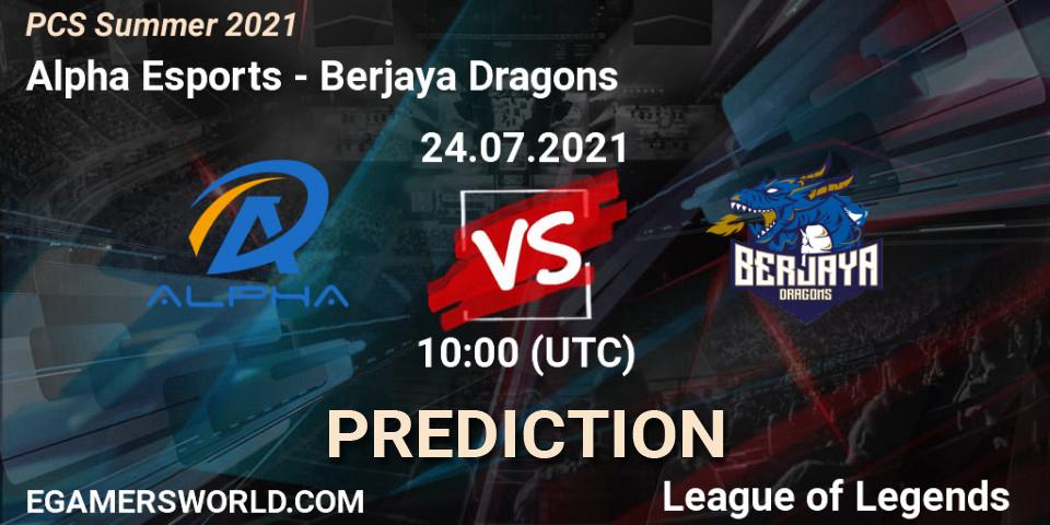 Pronósticos Alpha Esports - Berjaya Dragons. 24.07.2021 at 10:00. PCS Summer 2021 - LoL