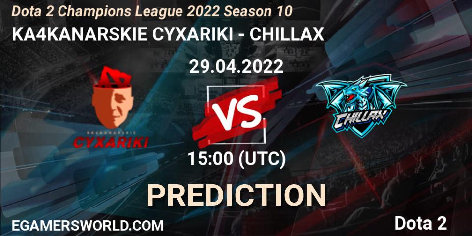 Pronósticos KA4KANARSKIE CYXARIKI - CHILLAX. 29.04.2022 at 18:00. Dota 2 Champions League 2022 Season 10 - Dota 2