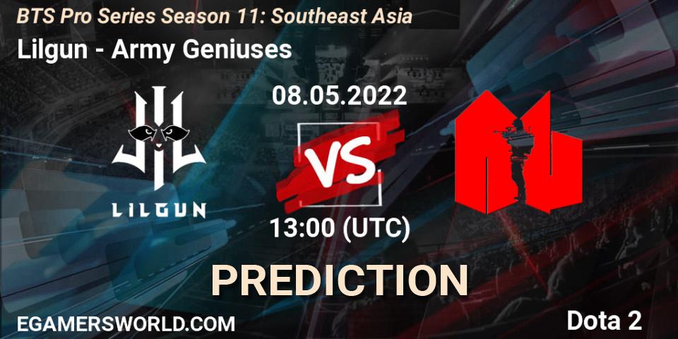 Pronósticos Lilgun - Army Geniuses. 08.05.2022 at 13:14. BTS Pro Series Season 11: Southeast Asia - Dota 2