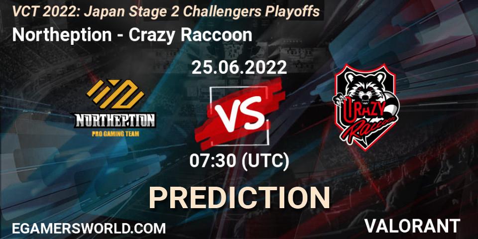 Pronósticos Northeption - Crazy Raccoon. 25.06.2022 at 06:00. VCT 2022: Japan Stage 2 Challengers Playoffs - VALORANT